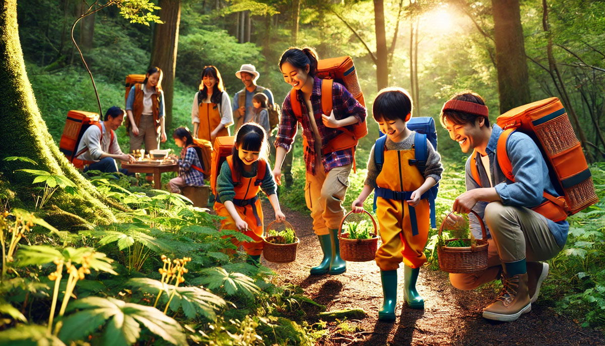 家族が安全に楽しく山菜採りをする様子を、自然豊かな環境の中で表現
