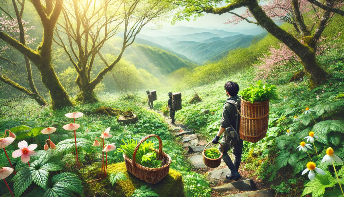 ハイキングしながら山菜を採る楽しさと、春の自然の美しさを表現したシーン