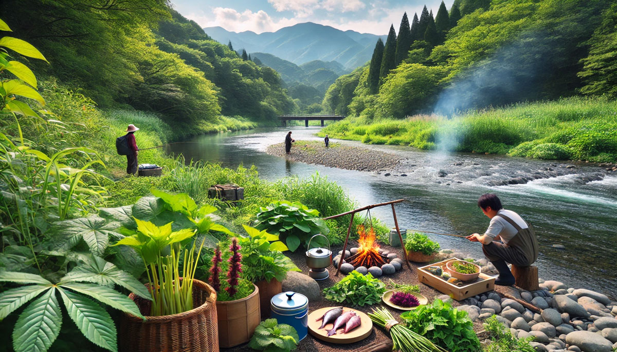 釣りと山菜採りを同時に楽しむ、自然豊かな川辺のアウトドアシーンを表現