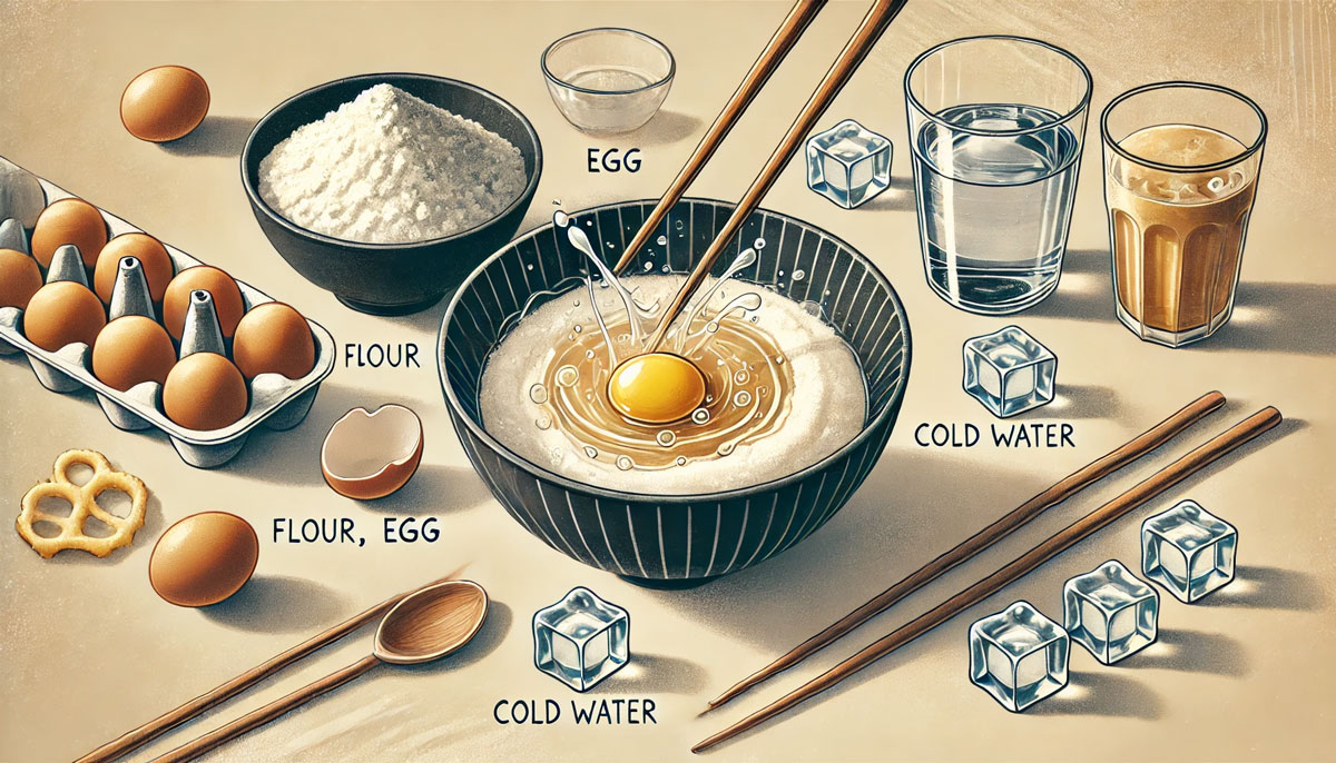 サクサク食感の天ぷら衣を作る工程を描いたイラスト。ボウルの中で薄力粉、卵、冷水が箸で軽く混ぜられ、近くには氷が置かれている。冷水を使うことで衣がカラッと揚がることを強調する温かみのあるデザイン。