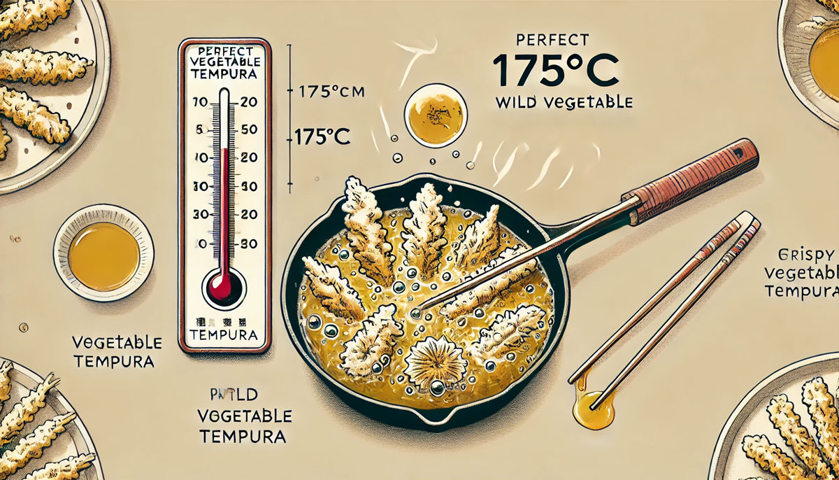 揚げ油の温度を175℃に調整する温度計、油の中でサクサクに揚がる山菜の天ぷら、そして菜箸で丁寧に扱う手元が描かれたイラスト。揚げる工程がわかりやすく表現され、温かみのある色合いが料理の魅力を引き立てている。