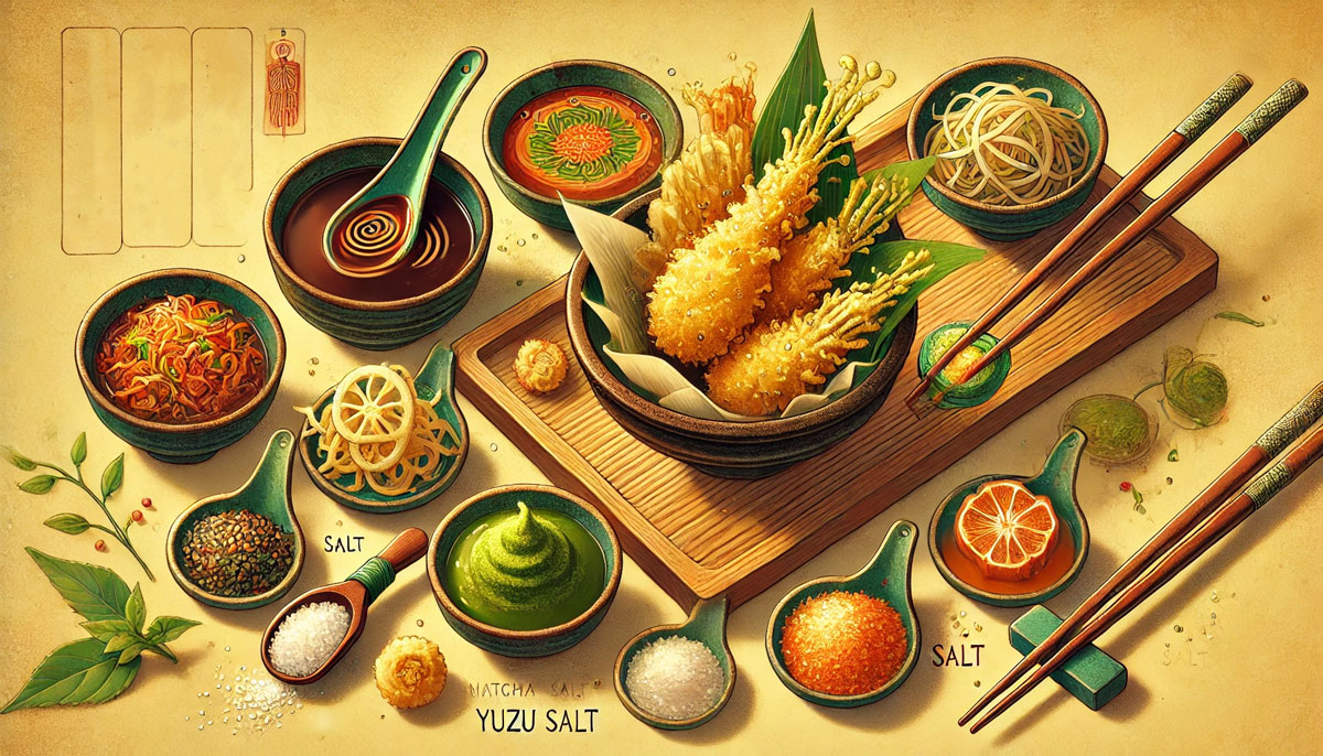 天ぷらをさらに美味しくする食べ方を描いたイラスト。天つゆの入った器と大根おろし、抹茶塩・ゆず塩・藻塩の小皿が並び、菜箸で山菜の天ぷらを天つゆに浸している様子が描かれている。温かみのある色彩が味わい深さを引き立てている。
