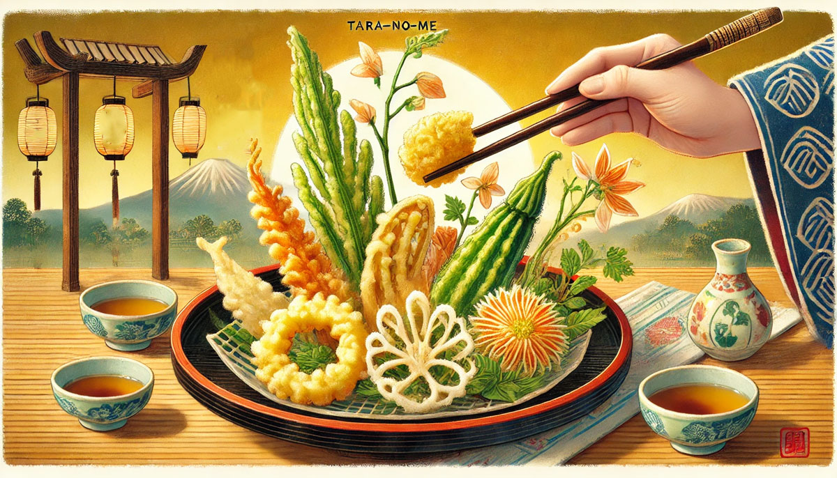 山菜の天ぷらを楽しむシーンを描いたイラスト。タラの芽、こごみ、ふきのとう、行者ニンニク、ウドの天ぷらが美しく盛り付けられた和風の皿に、箸で一つ持ち上げた様子が描かれている。温かみのある背景が、季節の味覚を楽しむ雰囲気を引き立てている。