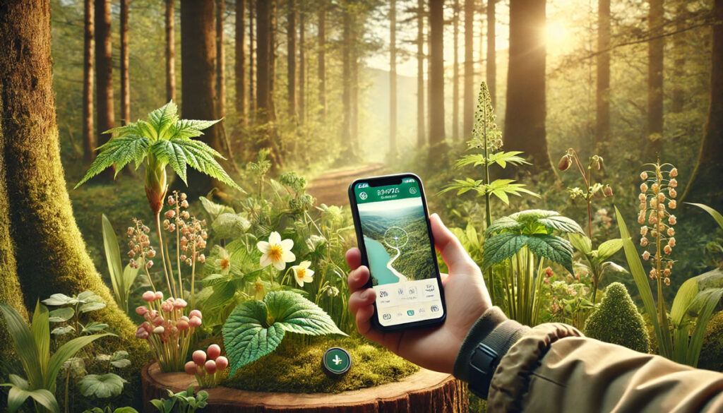 春の山中でスマートフォンのGPSアプリを使用して山菜採りを楽しむ人物の自然風景