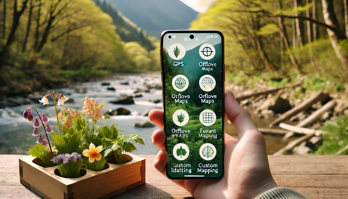 春の森を背景に、山菜採りに便利なアプリを表示するスマートフォンとナチュラルな風景
