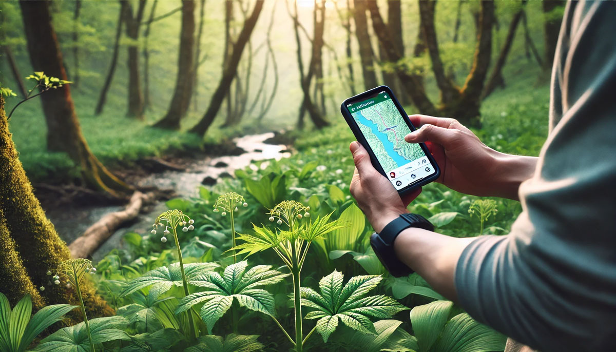 春の森林を歩きながらスマートフォンのGPS地図を確認する人物と山菜のある風景