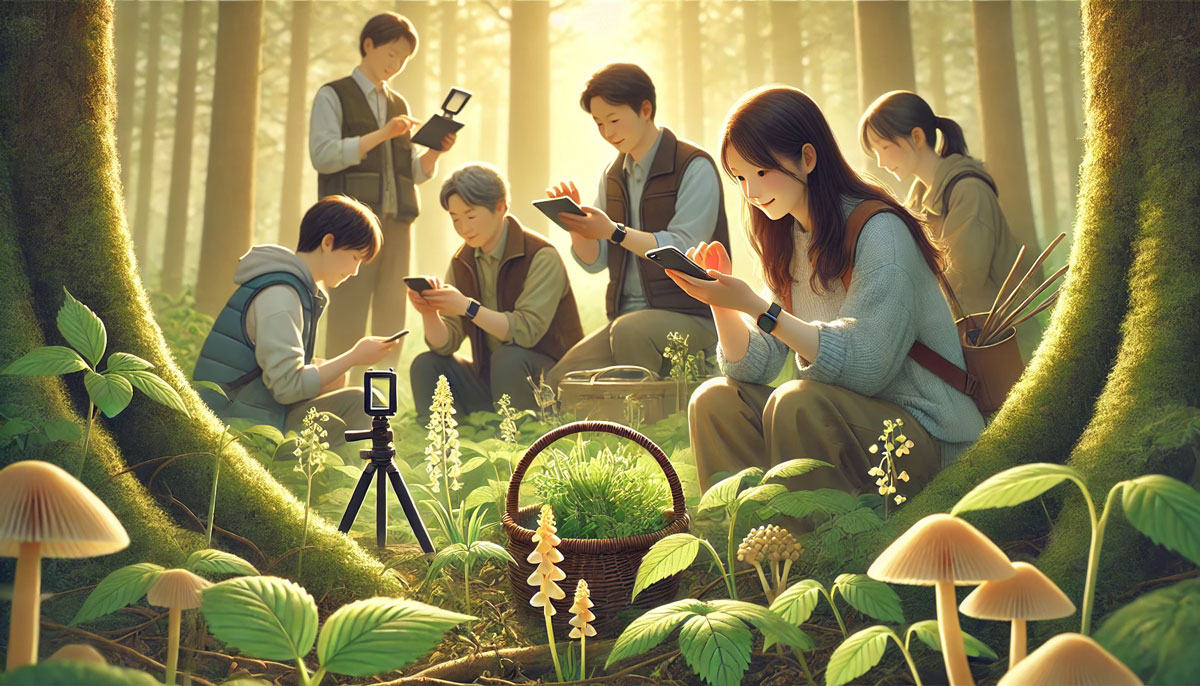 春の森林でスマートフォンを使いながら山菜採りを楽しむ人々の自然な風景