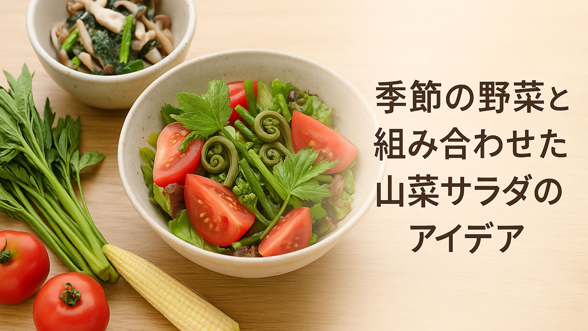 季節の野菜と山菜が組み合わされたサラダが、ナチュラルな木製のテーブルに置かれています。サラダの中には、トマトやゼンマイ、パセリが彩りよく配置され、右側には「季節の野菜と組み合わせた 山菜サラダのアイデア」という日本語のテキストが優しい雰囲気で配置されています。