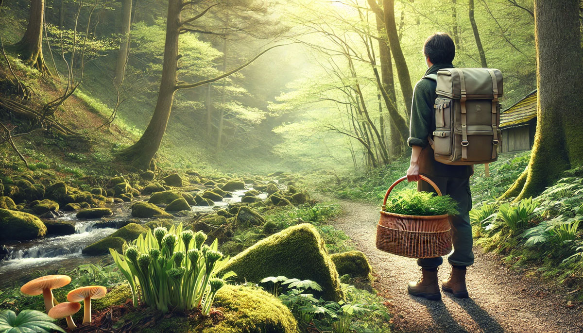 春の山で山菜を採る人と自然が調和するやさしい森の風景
