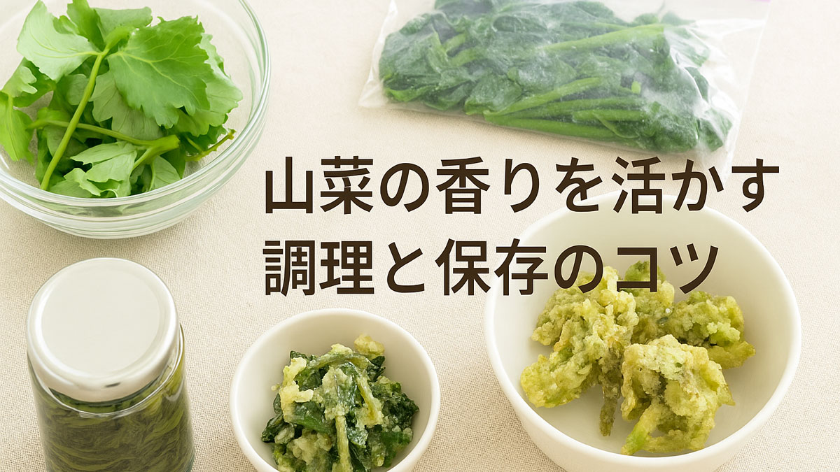 山菜の保存と調理方法（生、冷凍、天ぷら、塩漬け）を並べた写真に『山菜の香りを活かす 調理と保存のコツ』という日本語のテキストが右寄りに配置された画像。ナチュラルな配色と優しい雰囲気で構成されている。