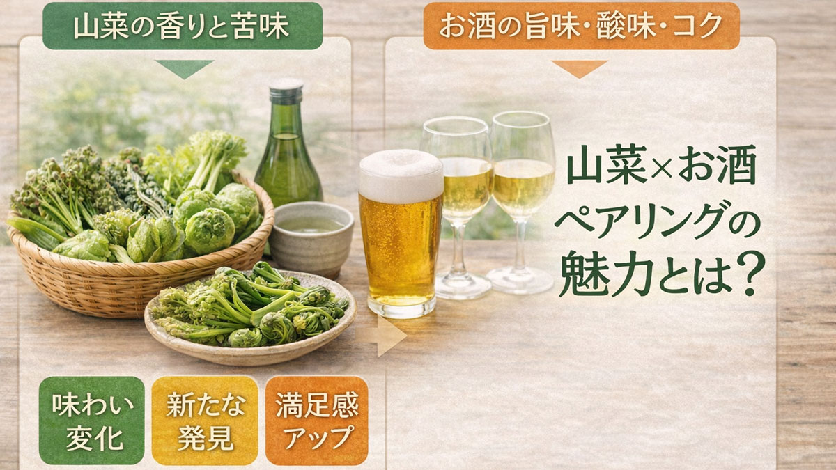 籠に盛った春の山菜と日本酒・ビール・ワインを並べ、「山菜×お酒 ペアリングの魅力とは？」の日本語テキストを配置したナチュラルな雰囲気のイメージ