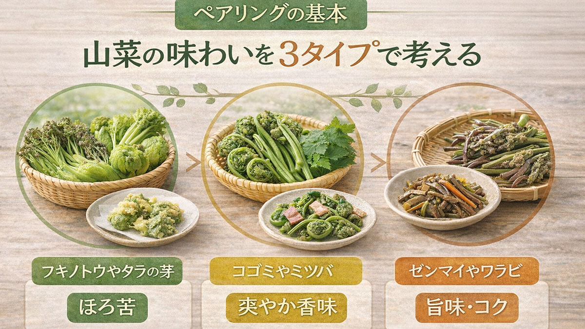 籠に盛った山菜を「ほろ苦」「爽やか香味」「旨味・コク」の3タイプに分けて紹介する、山菜ペアリングの基本を解説したナチュラルなインフォグラフィック画像