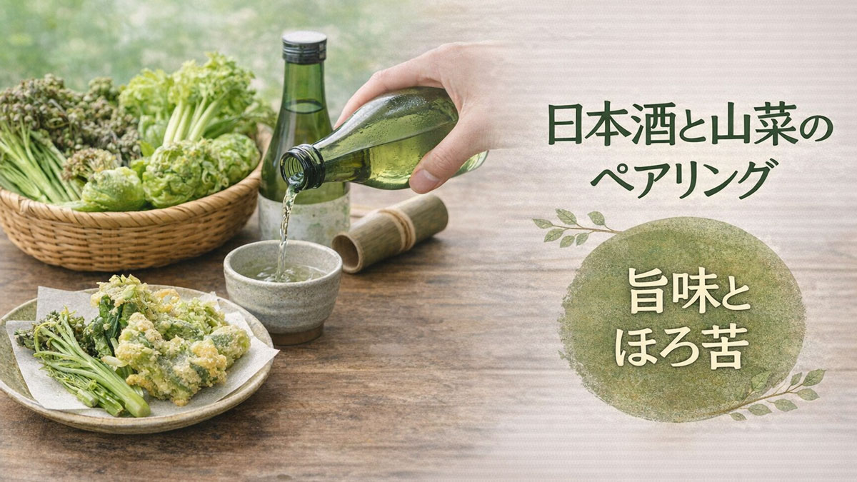 木のテーブルに山菜の天ぷらと籠盛りの山菜、日本酒を注ぐ酒瓶とお猪口を並べ、「日本酒と山菜のペアリング 旨味とほろ苦」と日本語テキストを入れた優しい雰囲気のイメージ