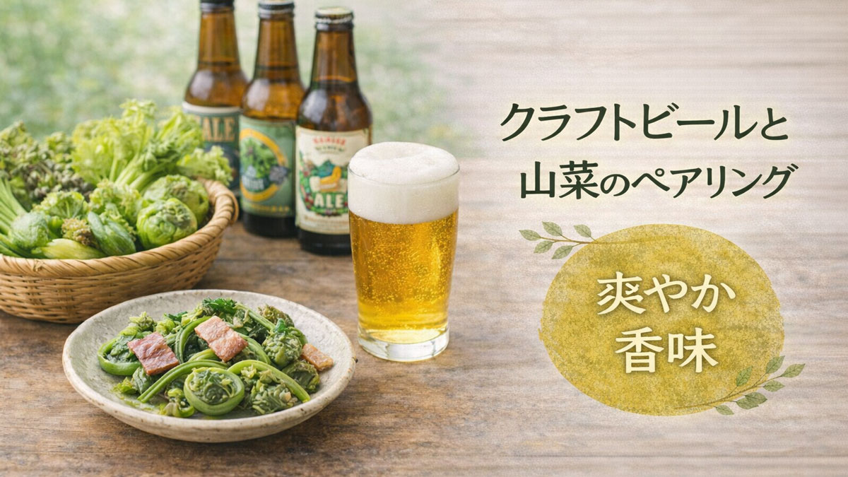 木のテーブルに山菜料理と泡立つクラフトビール、背後にビール瓶を並べ、「クラフトビールと山菜のペアリング 爽やか香味」の日本語テキストを入れたナチュラルな雰囲気のイメージ