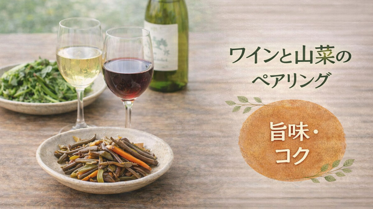 木のテーブルに盛り付けた山菜料理と赤ワイン・白ワインのグラスを並べ、「ワインと山菜のペアリング 旨味・コク」の日本語テキストを配置したナチュラルで優しい雰囲気のイメージ