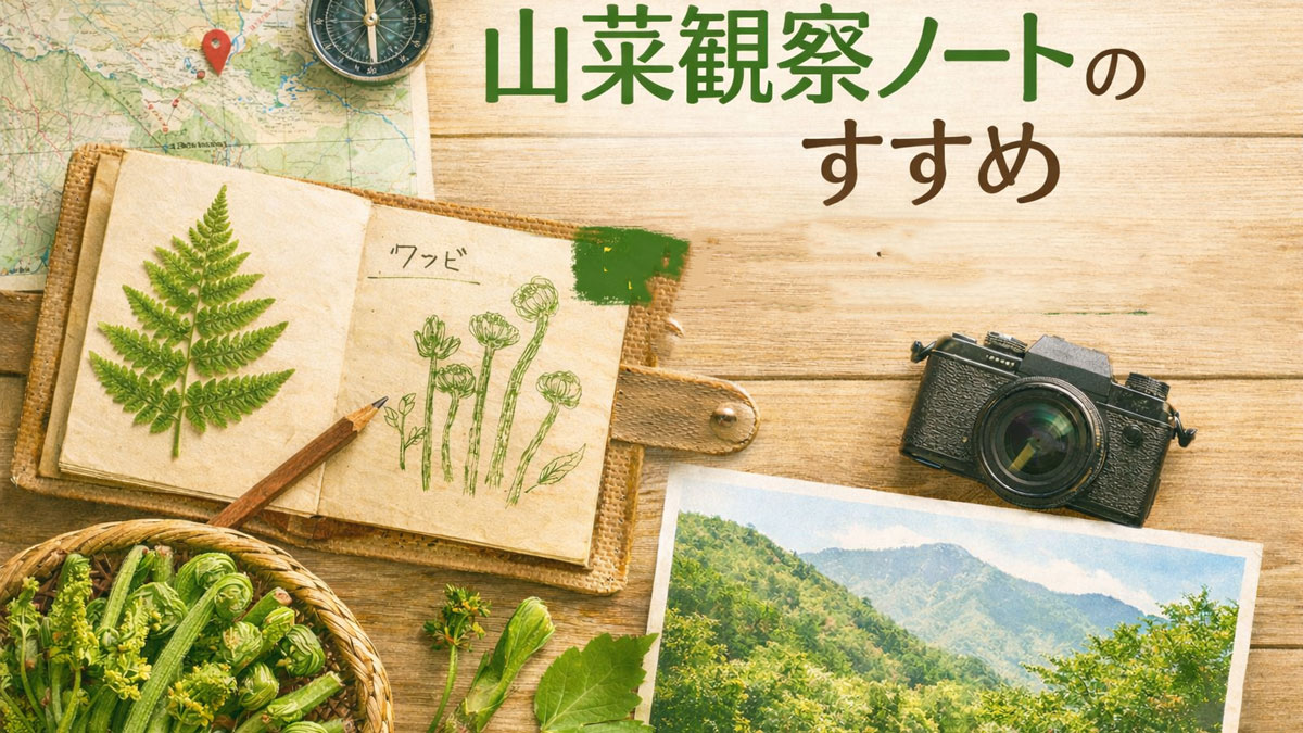 押し葉やスケッチ入りの山菜観察ノート、籠に盛った山菜、地図とカメラを並べ、「山菜観察ノートのすすめ 自分だけの山菜図鑑を作ろう」の日本語テキストを配置したナチュラルで優しい雰囲気のアイキャッチ画像