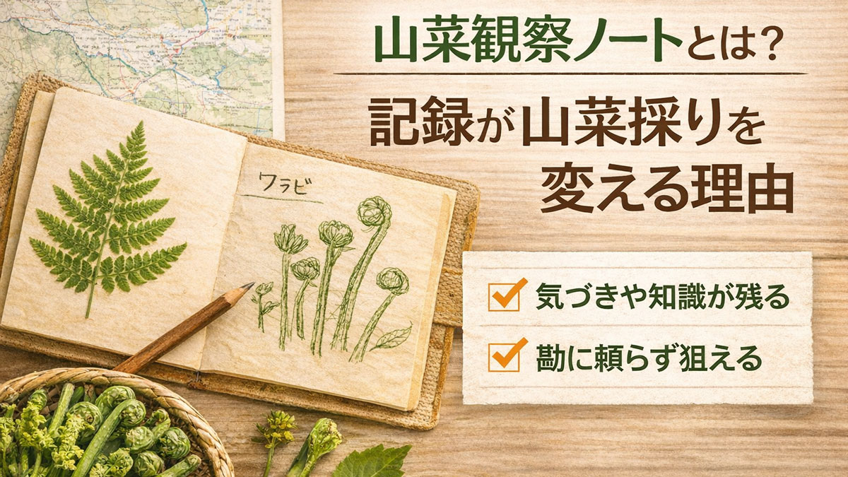 木のテーブルに広げた山菜観察ノートとワラビのスケッチ、籠に入った採れたての山菜と地図を並べ、「山菜観察ノートとは？記録が山菜採りを変える理由」の日本語テキストを配置したナチュラルで優しい雰囲気のイメージ
