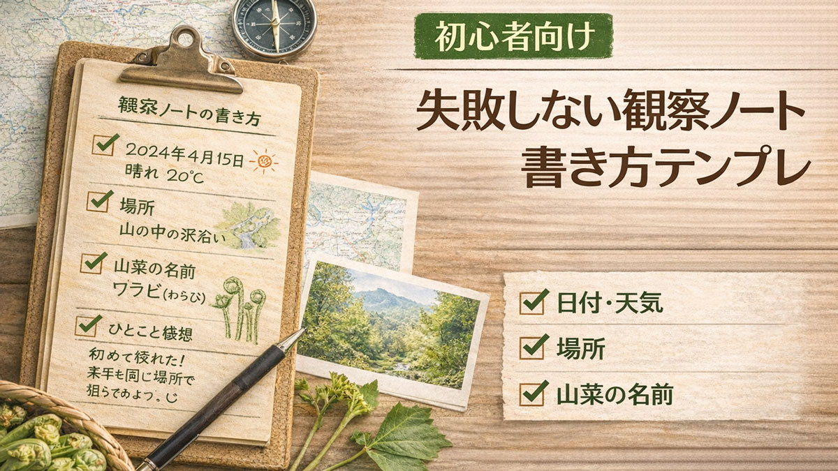 木の机の上に観察ノートの書き方テンプレを広げ、日付・場所・山菜の名前・感想の項目例と、ワラビや地図、コンパスを並べた初心者向け山菜観察ノートのイメージ画像