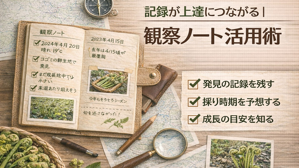 山菜の写真やメモを書いた観察ノートと地図、ルーペ、コンパスを並べ、「記録が上達につながる 観察ノート活用術」の日本語テキストを配置したナチュラルで優しい雰囲気のイメージ画像