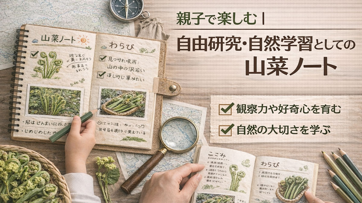 親子で山菜観察ノートを広げ、スケッチや写真、ルーペと採れたての山菜を並べて自由研究・自然学習として学ぶ様子を表した、優しい雰囲気のイメージ画像