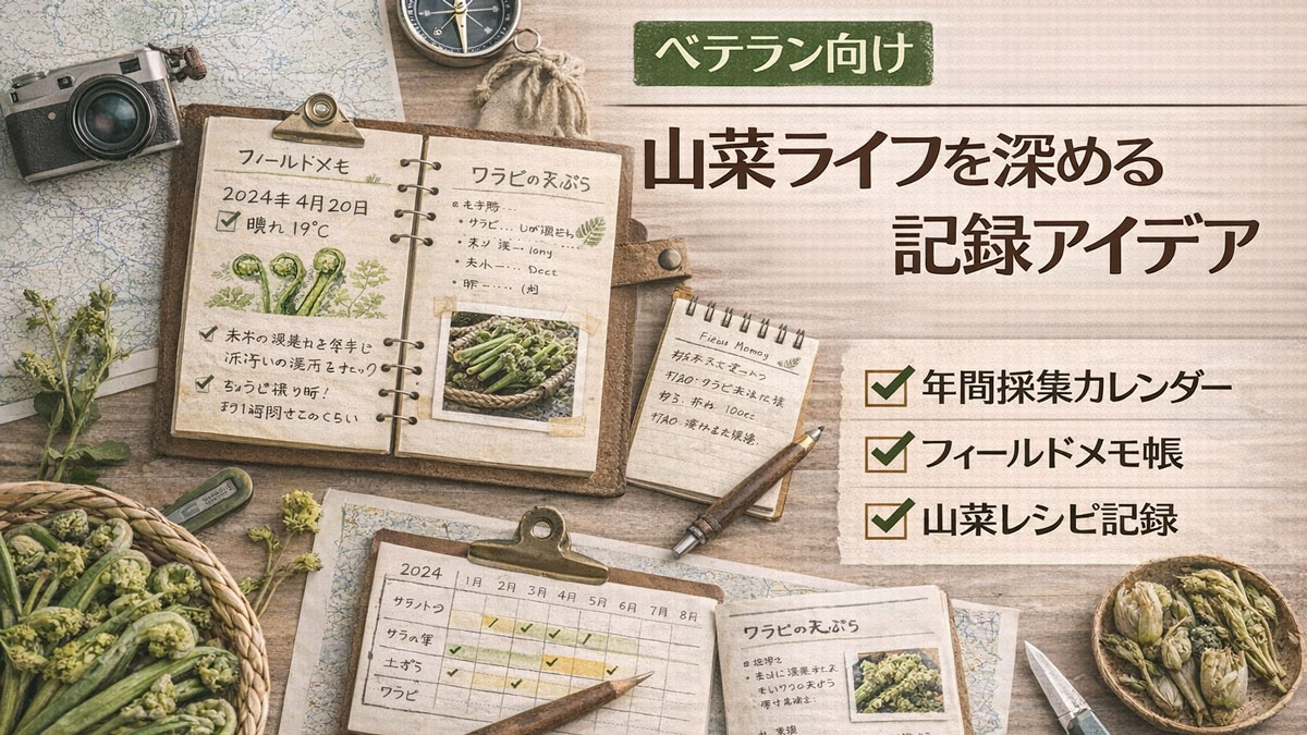 山菜の採集記録が書かれたフィールドノートと年間カレンダー、地図やコンパス、籠盛りの山菜を並べ、「ベテラン向け｜山菜ライフを深める記録アイデア」の日本語テキストを配置したナチュラルで優しい雰囲気のイメージ画像
