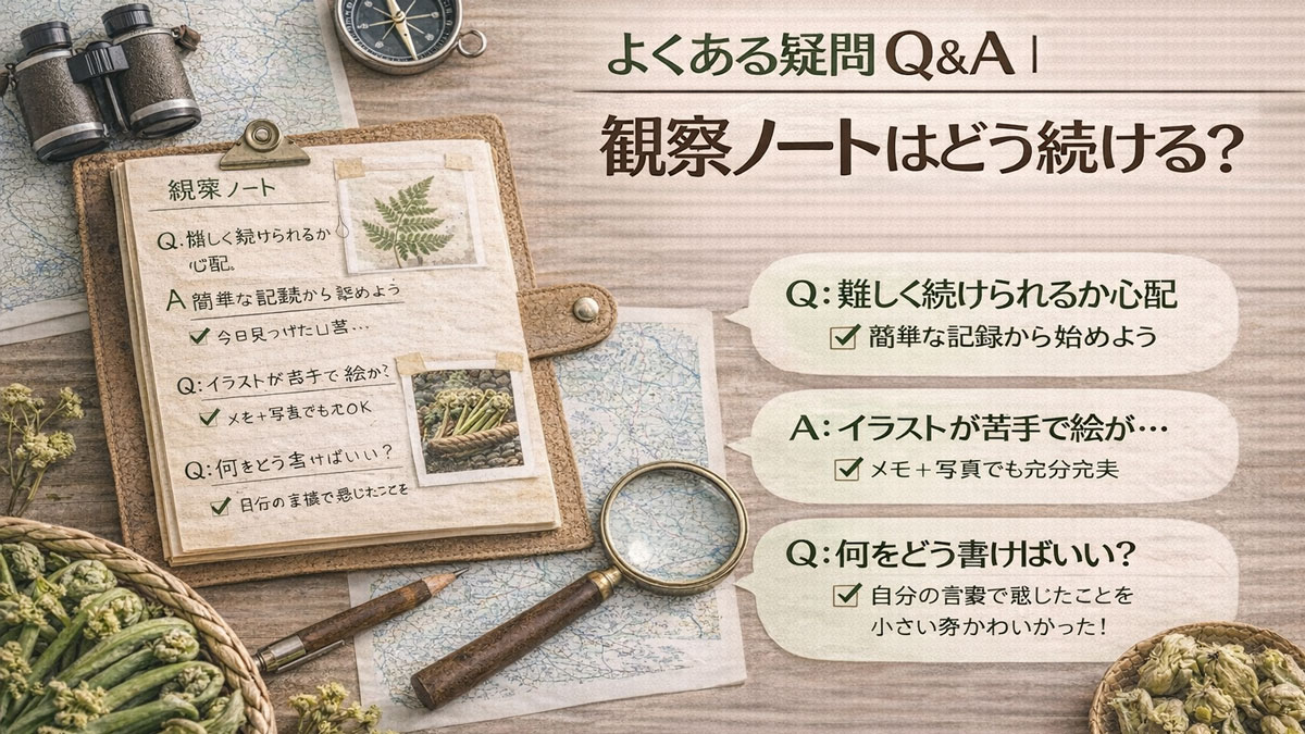 山菜観察ノートを広げ、双眼鏡やルーペ、地図と採れたての山菜を並べ、「よくある疑問Q&A｜観察ノートはどう続ける？」の日本語テキストを配置したナチュラルで優しい雰囲気のイメージ画像