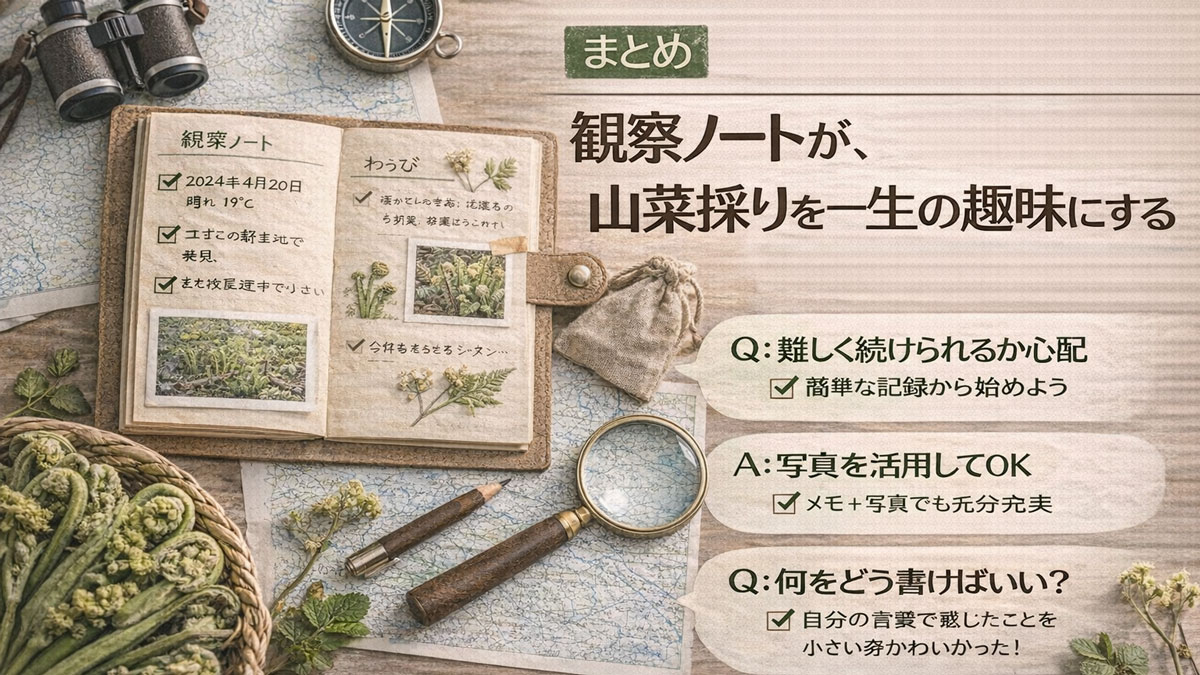 木のテーブルに広げた山菜観察ノートとスケッチ、籠盛りの山菜、地図とルーペを並べ、「まとめ｜観察ノートが、山菜採りを一生の趣味にする」の日本語テキストを配置したナチュラルで優しい雰囲気のイメージ画像